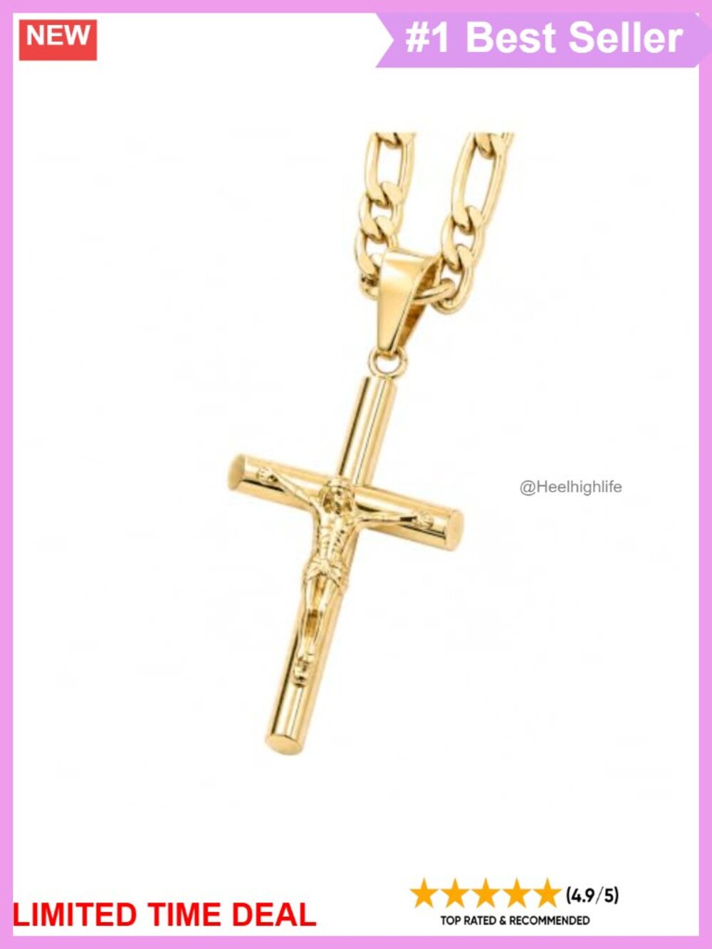 14k Gold Plated Cross Crucifix Necklace 5MM Figaro Chain Stainless Steel